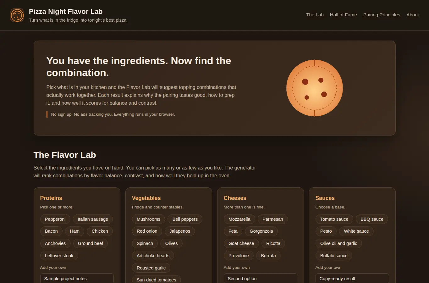 Screenshot of Pizza Night Flavor Lab interface showing the project page in use